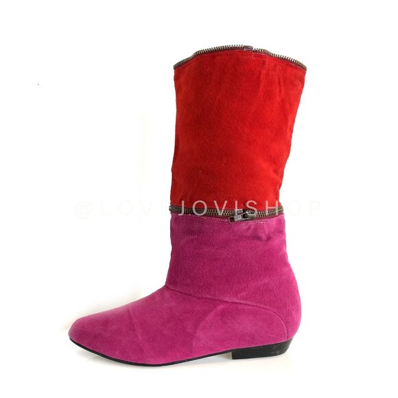 Vintage 80s | Maximalist Tiered Suede Thigh High to Ankle Boots Pink Fuchsia Red - Picture 7 of 16